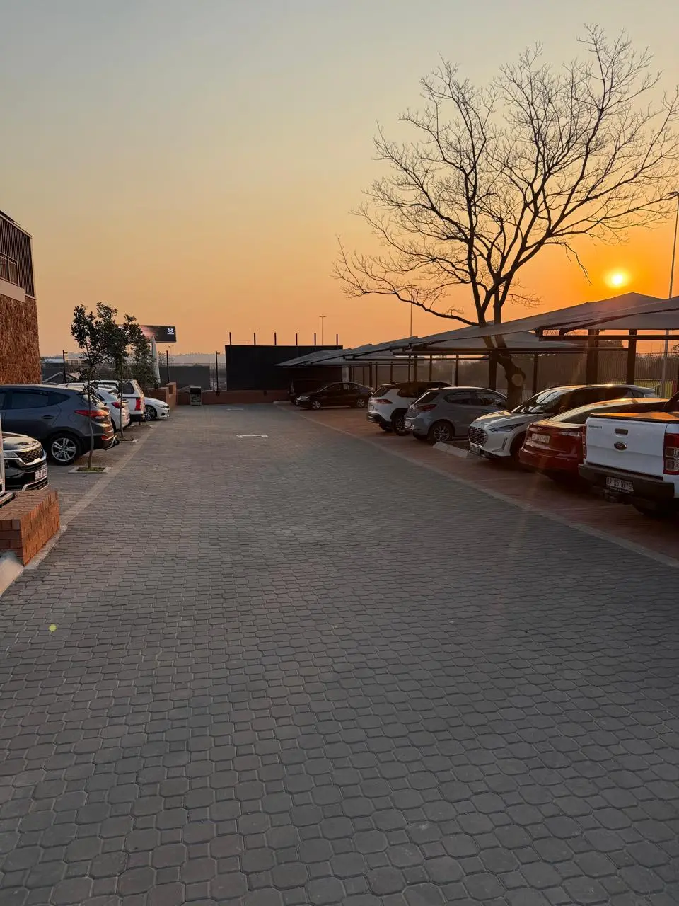 Paved on-site parking at the Seventh Star venue at sunset, with shaded carport bays along one side and open bays alongside the building